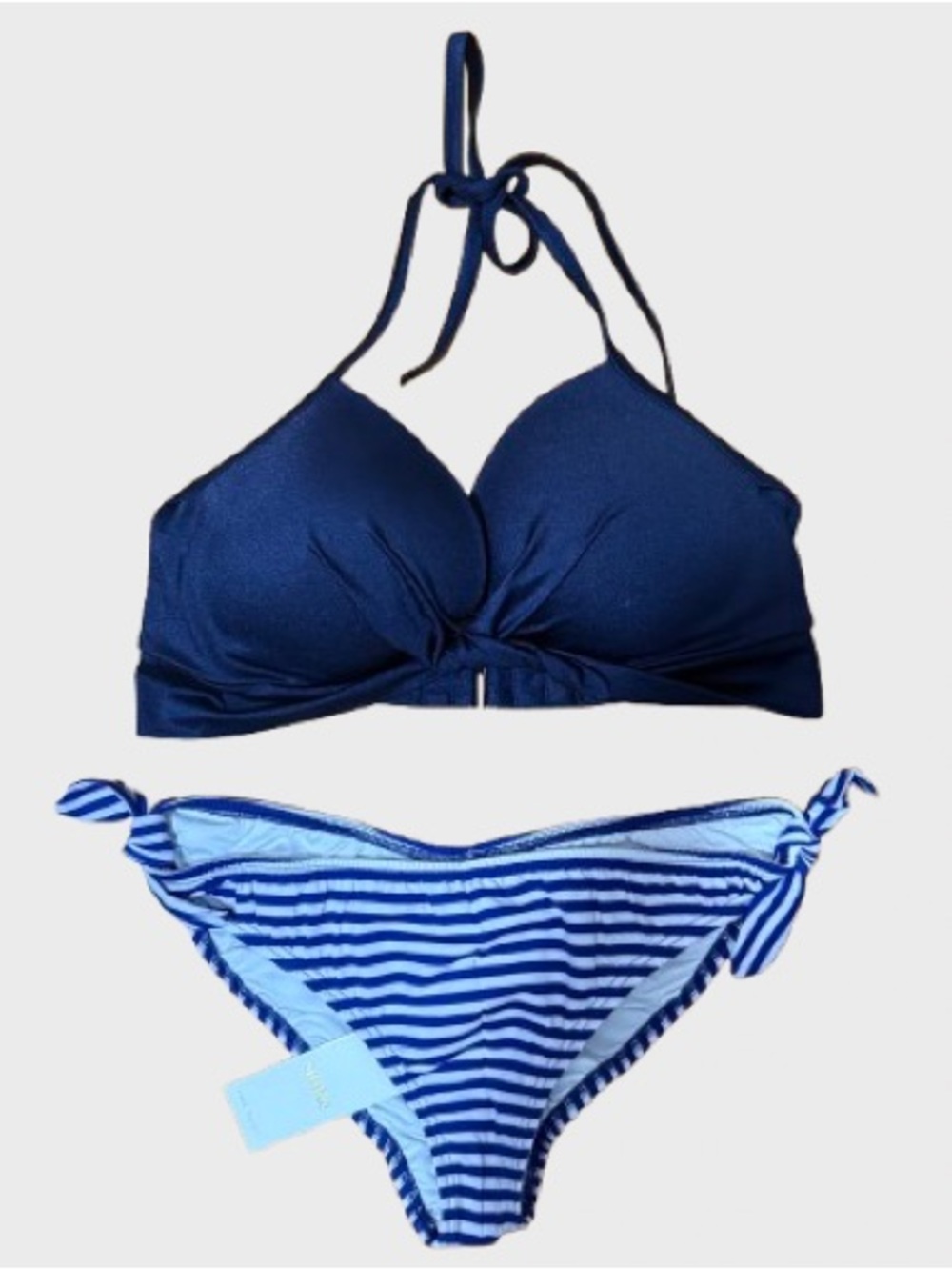Navy Halter Bikini Top with Blue Striped Tie-Side Bottoms